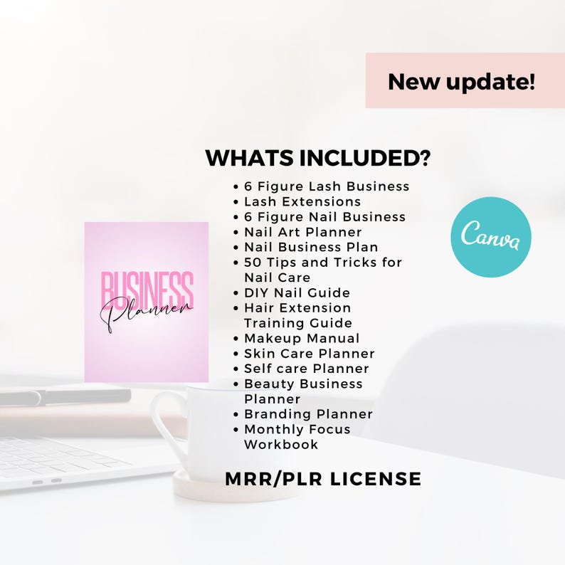 Op de afbeelding: Een roze businessplanner met de tekst "Business Planner" wordt weergegeven naast een lijst met inbegrepen items, zoals wimper- en nagelbedrijfgidsen, en een Canva-logo. De tekst "New update!" staat bovenaan.