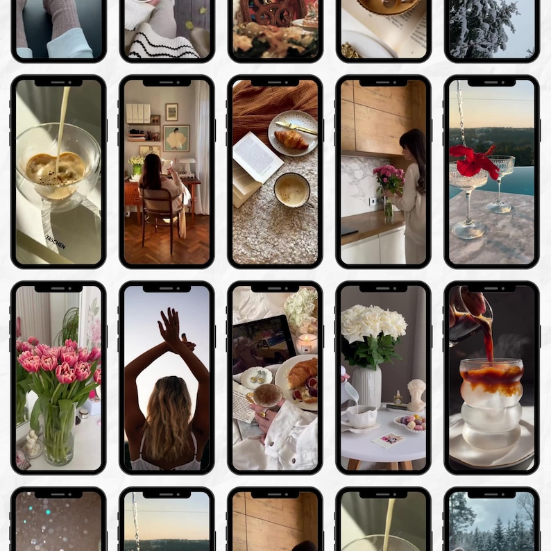May include: A grid of smartphone screens displaying lifestyle images. The images include coffee being poured, a person reading, croissants, flowers, and champagne glasses. The overall theme is a collection of aesthetically pleasing scenes.