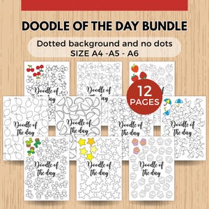 Może przedstawiać: Cyfrowy zestaw 12 stron do druku zatytułowany DOODLE OF THE DAY BUNDLE, zawierający wzory wiśni, kokardek, truskawek, cytryn, arbuza, motyli, parasolek, kaktusów, gwiazdek i babeczek w formatach A4, A5 i A6 z opcjami w kropki.