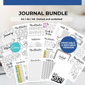 May include: A journal bundle featuring printable and editable pages in A4, A5, and A6 sizes, both dotted and undotted. The collection includes various trackers for mood, habits, fitness, sleep, and temperature, alongside doodle pages and calendar layouts.