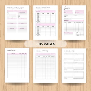 Pu&ograve; includere: Una raccolta di modelli di carta bianca con accenti rosa per la pianificazione aziendale. Include modelli per lanci di prodotti, piani di marketing, fatture, tracker di elenchi, materiali di imballaggio e obiettivi finanziari. Il testo "+85 PAGES" &egrave; visibile.