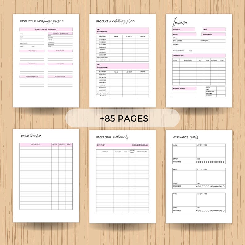 Pu&ograve; includere: Una raccolta di modelli di carta bianca con accenti rosa per la pianificazione aziendale. Include modelli per lanci di prodotti, piani di marketing, fatture, tracker di elenchi, materiali di imballaggio e obiettivi finanziari. Il testo "+85 PAGES" &egrave; visibile.