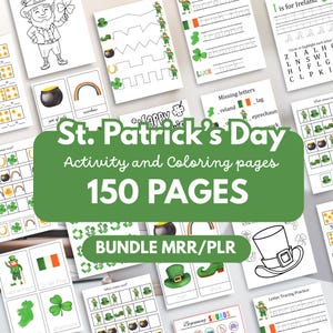 Può includere: Una raccolta di pagine di attività e da colorare per la festa di San Patrizio. Le pagine presentano illustrazioni di folletti, trifogli, pentole d'oro e arcobaleni. Il testo sulle pagine include "St. Patrick's Day", "Activity and Coloring pages" e "150 PAGES".