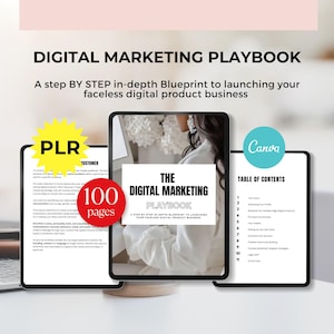 Può includere: Playbook di marketing digitale con il testo "A step BY STEP in-depth Blueprint to launching your faceless digital product business." L'immagine mostra tre tablet con il testo "PLR", "100 pages" e "Canva".