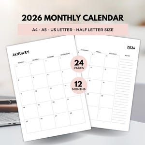 Può includere: Calendario mensile 2026 bianco con un design minimalista. Il calendario include il mese di gennaio, con un layout a griglia per ogni giorno. Il testo "2026 MONTHLY CALENDAR" è in alto, insieme a "A4 - A5 - US LETTER - HALF LETTER SIZE". Il calendario ha 24 pagine e copre 12 mesi.
