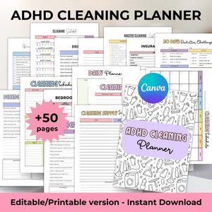 Può includere: Una raccolta di pianificatori di pulizia ADHD stampabili con vari layout, inclusi programmi giornalieri, settimanali e mensili. I pianificatori includono liste di controllo, elenchi di forniture e una sfida di decluttering di 30 giorni. Il testo "ADHD Cleaning Planner" è visibile.