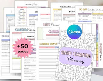 ADHD cleaning planner bundle printable & editable canva template, Cleaning schedule, ADHD checklist Cleaning, Decluttering, Room by Room PLR