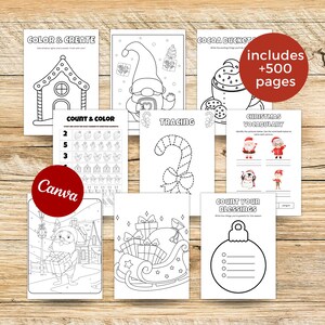 May include: A selection of Christmas-themed colouring and activity pages. The pages feature images of a gingerbread house, gnome, candy cane, Santa Claus, and a sleigh filled with gifts. Text includes "Color & Create", "Count & Color", "Tracing", and "Christmas Vocabulary".