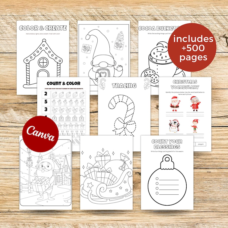May include: A selection of Christmas-themed colouring and activity pages. The pages feature images of a gingerbread house, gnome, candy cane, Santa Claus, and a sleigh filled with gifts. Text includes "Color & Create", "Count & Color", "Tracing", and "Christmas Vocabulary".