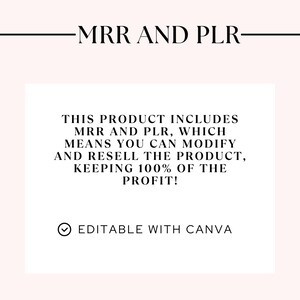 K&ouml;nnte beinhalten: Text auf wei&szlig;em Hintergrund mit schwarzem Rand. Der Text lautet: "MRR AND PLR - DIESES PRODUKT ENTH&Auml;LT MRR UND PLR, WAS BEDEUTET, DASS SIE DAS PRODUKT MODIFIZIEREN UND WEITERVERKAUFEN K&Ouml;NNEN, W&Auml;HREND SIE 100 % DES GEWINNS BEHALTEN! BEARBEITBAR MIT CANVA".