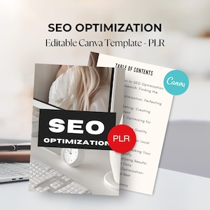 Könnte beinhalten: Ein Bild mit einer weißen Tastatur, einer Uhr und Dokumenten mit dem Text "SEO OPTIMIZATION" und "Editable Canva Template - PLR." Ein roter Kreis mit "PLR" und ein türkisfarbener Kreis mit "Canva" sind ebenfalls zu sehen.