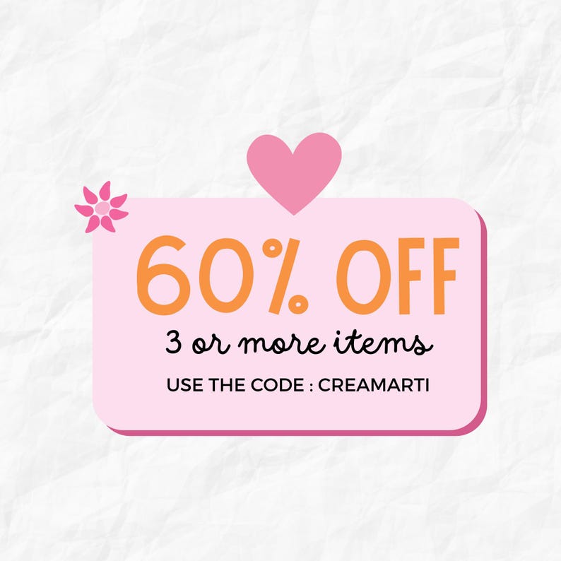 Op de afbeelding: Een roze rechthoekige afbeelding met afgeronde hoeken, met de tekst "60% OFF" in oranje, een roze hart en de tekst "3 of meer items". De tekst "USE THE CODE : CREAMARTI" is ook opgenomen.