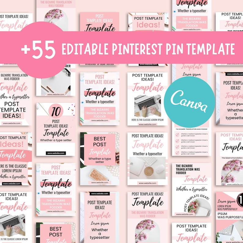 May include: A collection of over 55 editable Pinterest pin templates. The templates feature a pink and white color scheme with text such as "Template", "Post Template Ideas!", and "Canva". The image is designed for social media marketing.