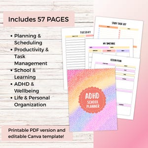 ADHD-friendly planner for students including timetable, homework tracker, goal tracker and cleaning checklist, digital download with PLR rights