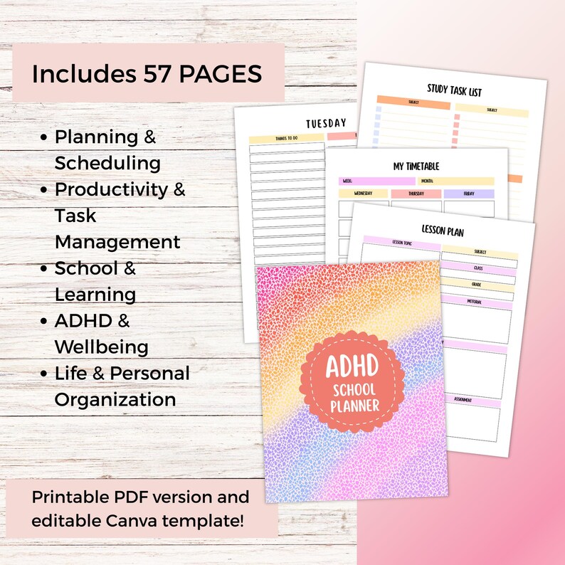 ADHD-friendly planner for students including timetable, homework tracker, goal tracker and cleaning checklist, digital download with PLR rights