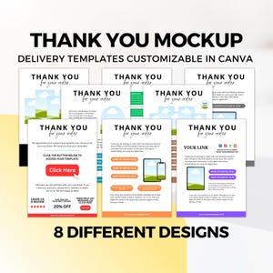 Etsy Seller Delivery Templates Bundle – 8 editable Canva mockups for Thank You pages, customer instructions, and digital product delivery, MRR license included.