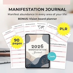 Può includere: Un diario di manifestazione digitale con il testo "2026 MANIFESTATION Journal" sulla copertina. Il diario include 90 pagine e un pianificatore di vision board bonus. Il testo aggiuntivo include "Manifesta l'abbondanza in ogni area della tua vita!" e "PLR".