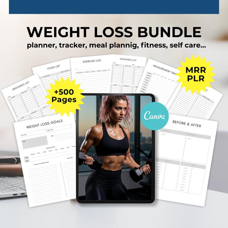 Weightloss bundle planner canva template PLR, Diet planners, Weight Loss Planner Bundle, fitness meal planner, keto planner, Fitness Tracker image 1