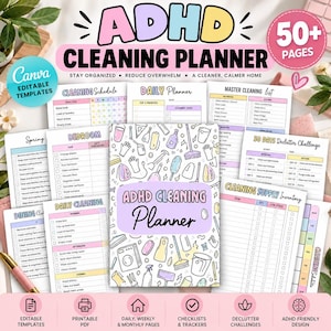 ADHS-Reinigungsplaner-Paket: Druckbare und bearbeitbare Canva-Vorlage, Reinigungsplan, ADHS-Checkliste, Reinigung, Entrümpelung, Zimmer für Zimmer (PLR)