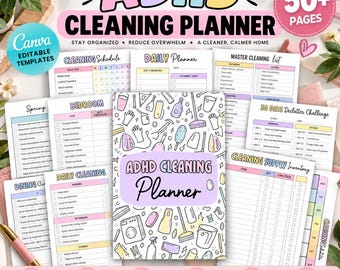 May include: A digital ADHD Cleaning Planner with 50+ pages of editable Canva templates. The cover features a pattern of cleaning supplies and the text ADHD CLEANING Planner. Includes various checklists, daily planners, and a 30-day declutter challenge.