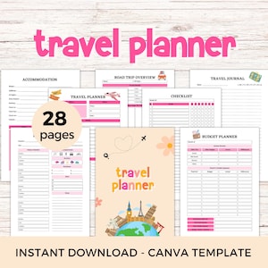 Può includere: Un modello di planner di viaggio stampabile con 28 pagine. La copertina presenta un cuore rosa con un aereo che lo attraversa, un fiore e il testo "travel planner". La copertina presenta anche un globo con punti di riferimento da tutto il mondo.