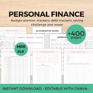Paquete de planificador de finanzas personales (más de 400 páginas) | Presupuesto, ahorros, seguimiento de deudas, diario de dinero | MRR/PLR imprimible, plantillas de Canva