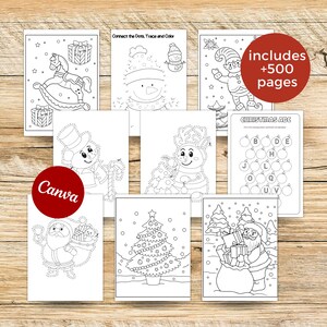 May include: A selection of Christmas-themed activity sheets, including connect-the-dots and colouring pages. The illustrations depict festive images such as Santa Claus, snowmen, and Christmas trees. Text includes "Connect the Dots, Trace and Color", "CHRISTMAS ABC", and "includes +500 pages".