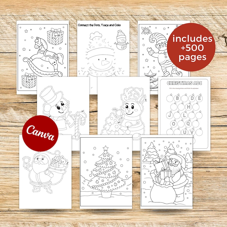 May include: A selection of Christmas-themed activity sheets, including connect-the-dots and colouring pages. The illustrations depict festive images such as Santa Claus, snowmen, and Christmas trees. Text includes "Connect the Dots, Trace and Color", "CHRISTMAS ABC", and "includes +500 pages".