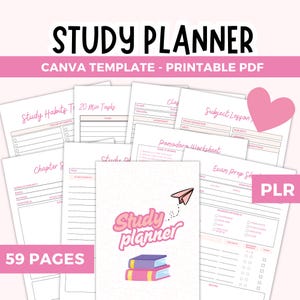 Op de afbeelding: Een roze en witte studieplanner-sjabloon met de tekst "Study Planner" en "Canva Template - Printable PDF". De planner bevat pagina's voor studiegewoonten, taken en examenvoorbereiding. Een roze hart en een papieren vliegtuigje zijn ook zichtbaar.