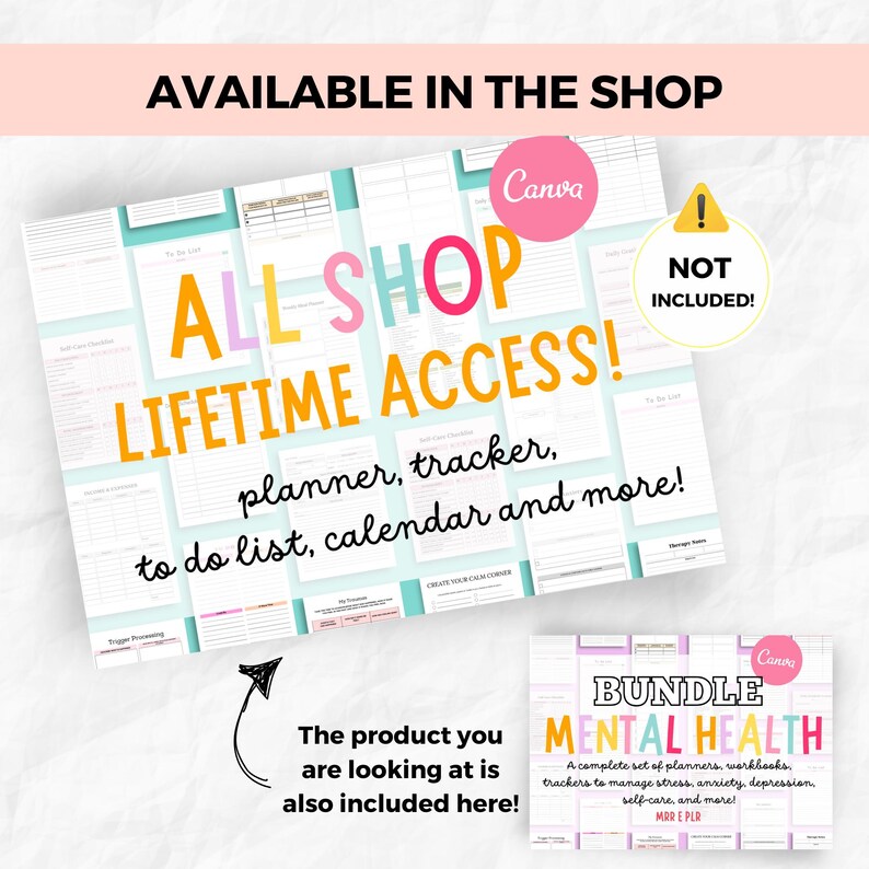 Puede incluir: Un paquete de productos digitales con el texto "ALL SHOP LIFETIME ACCESS!" y "BUNDLE MENTAL HEALTH". El paquete incluye planificadores, rastreadores, listas de tareas y calendarios. El producto est&aacute; disponible en la tienda.