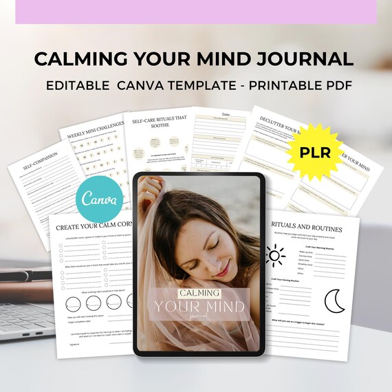 Calm Your Mind Journal MMR PLR editable canva template, Mindfulness & Anxiety Journal, Mental Health Planner, Self-Care Workbook