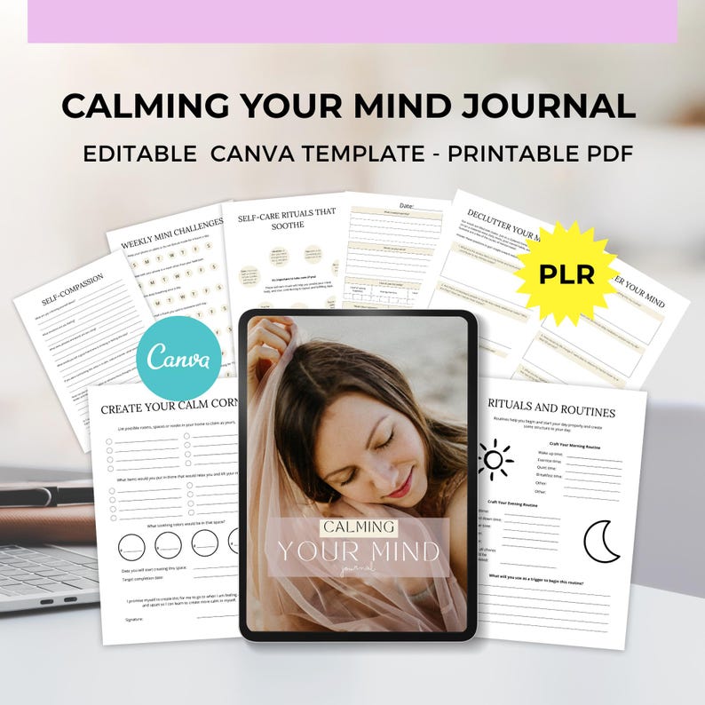 Calm Your Mind Journal MMR PLR editable canva template, Mindfulness & Anxiety Journal, Mental Health Planner, Self-Care Workbook image 1