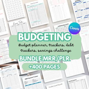 Budgeting Personal Finance Planner Bundle Budget planner canva templates, savings challenge, Debt Trackers, Money Journal MRR/PLR