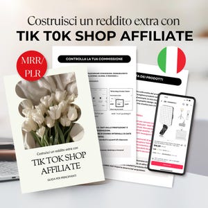 Peut inclure: Image promotionnelle pour le marketing d'affiliation TikTok Shop. Elle présente des documents avec du texte, un smartphone affichant un produit et un bouquet de fleurs blanches. Le texte comprend "TIK TOK SHOP AFFILIATE".