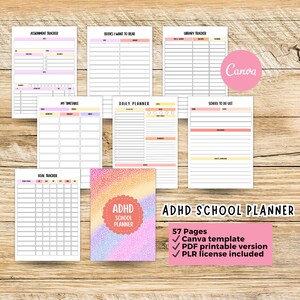 Student academic planner for ADHD with to-do lists, study task tracker, lesson plan and monthly goals, printable PDF and editable Canva file