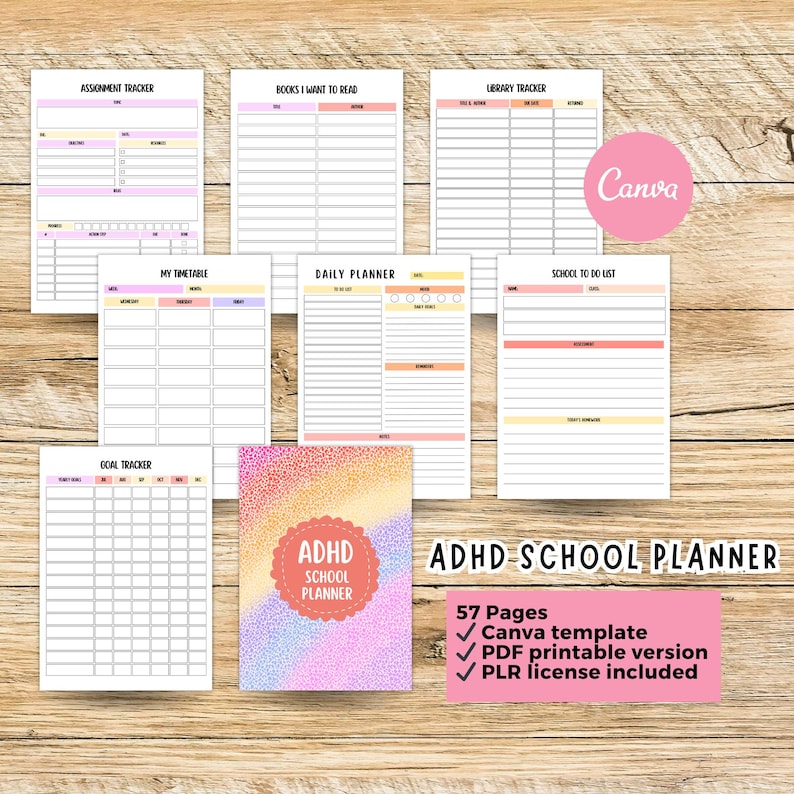 Student academic planner for ADHD with to-do lists, study task tracker, lesson plan and monthly goals, printable PDF and editable Canva file