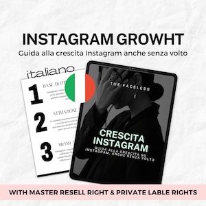 Può includere: Una copertina di prodotto digitale in bianco e nero con il testo "INSTAGRAM GROWHT" e "GUIDA ALLA CRESCITA SU INSTAGRAM, ANCHE SENZA VOLTO". La copertina presenta anche il testo "THE FACELESS" in bianco.