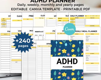 ADHD Planner Bundle Printable ADHD Planner for adults, editable canva template PLR life planner adhd, adhd productivity, adhd workbook