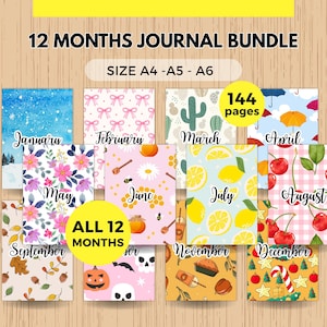 May include: A 12-month journal bundle featuring 144 pages in A4, A5, and A6 sizes. Each month displays a unique pattern: January snow, February bows, March cacti, April umbrellas, May flowers, June honey, July lemons, August cherries, September leaves, October pumpkins, November pies, and December holiday decor.