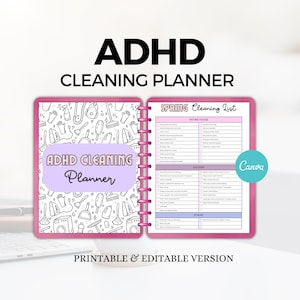 Puede incluir: Un planificador rosa con espiral con el texto "ADHD CLEANING PLANNER" en negro. La página izquierda tiene garabatos con temática de limpieza y el texto "ADHD CLEANING Planner". La página derecha es una "SPRING Cleaning List". La parte inferior dice "PRINTABLE & EDITABLE VERSION".