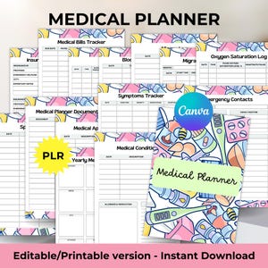 May include: A collection of printable medical planner pages with various trackers, including medical bills, symptoms, and emergency contacts. The cover features a colorful illustration of medical supplies. Text includes "Medical Planner" and "Editable/Printable version - Instant Download."