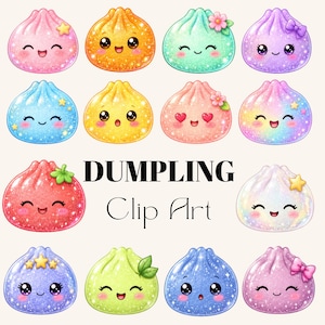 Può includere: Una collezione di dodici illustrazioni di gnocchi scintillanti e colorati con facce sorridenti, disposte in una griglia. Il testo DUMPLING Clip Art è centrato. Ogni gnocco presenta dettagli unici come piccole stelle, fiori o fiocchi.