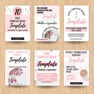 May include: Six pink and white social media post templates with text. Each template features the word "Template" in a script font, along with phrases like "Post Template Ideas!" and "The Bizarre Translation Was Fodder."