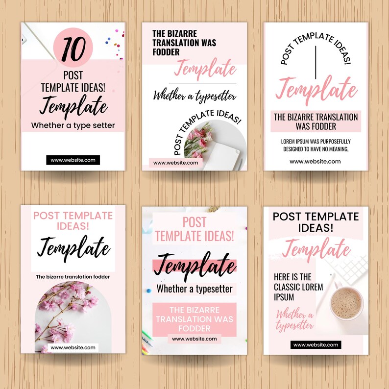 May include: Six pink and white social media post templates with text. Each template features the word "Template" in a script font, along with phrases like "Post Template Ideas!" and "The Bizarre Translation Was Fodder."