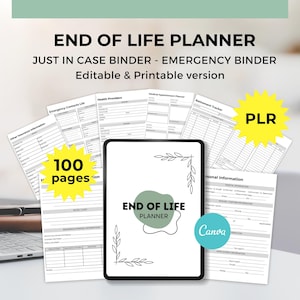 Pode incluir: Um Planeador de Fim de Vida com o texto "End of Life Planner" num tablet. A imagem inclui vários formulários, incluindo contactos de emergência, prestadores de cuidados de saúde e rastreadores de reforma. O planeador é uma versão editável e imprimível com 100 páginas.