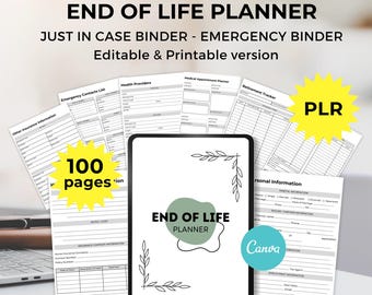 End of life planner editable canva template, printable emergency planner, emergency binder, in case of emergency plr planner
