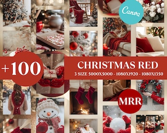 Christmas red and beige images bundle canva template, Holiday Social Media Kit, PLR MRR Resell Rights