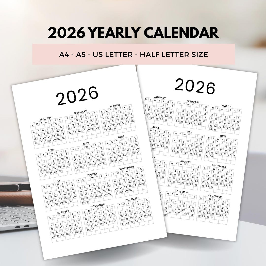 2026 Calendar Printable Sunday/monday Start Date, Yearly Calendar ...