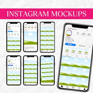 Può includere: Mockup di una pagina di profilo Instagram con uno sfondo di paesaggio verde e blu. Il profilo mostra un nome utente, una descrizione, un pulsante di follow e una griglia di nove immagini. Il profilo mostra anche il numero di post, follower e following.