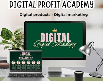 Puede incluir: Un monitor de computadora y una computadora portátil que muestran el texto Digital Profit Academy con un icono de corona. La pantalla muestra un gráfico de hoja de ruta con seis pasos. Una planta verde, una lámpara de escritorio plateada y una vela negra.